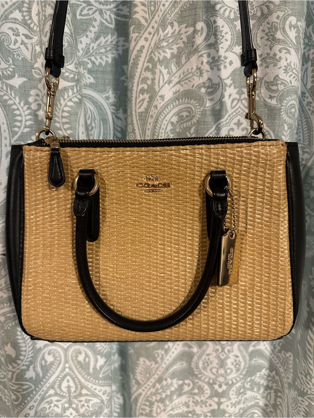 Coach Tan Woven Satchel with Black Trim and Gold Hardware